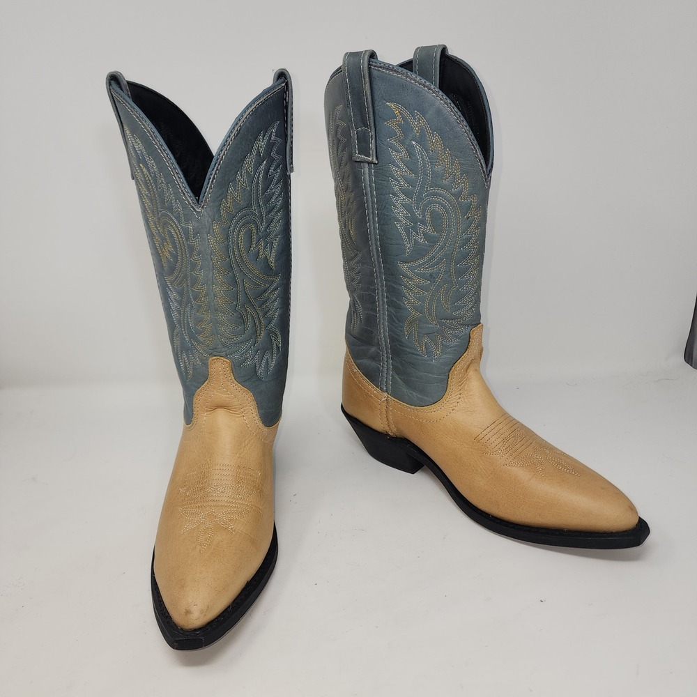 Vintage Western Cowboy Boots 6 Tan Blue Genuine Leather Embroidered unbranded